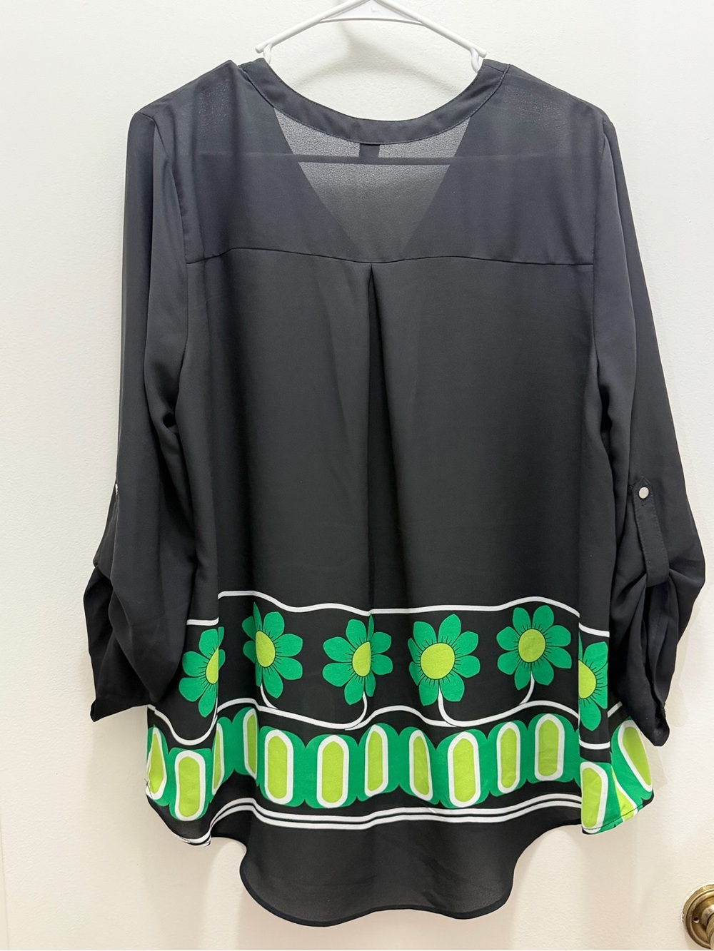 Cato Black V-Neck Pullover Tunic with Green Floral Border - Picture 2 of 5
